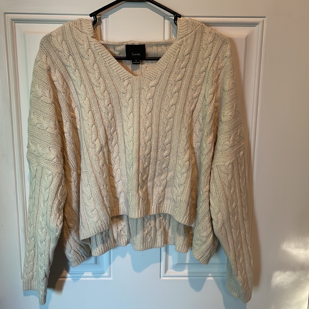 VICI Cropped Hooded Cable Knit Sweater